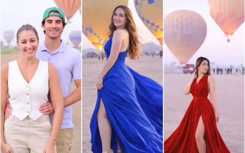 Guests in Egyptian costumes and flowing gowns photographed beside hot air balloons at the Luxor launch field at sunrise